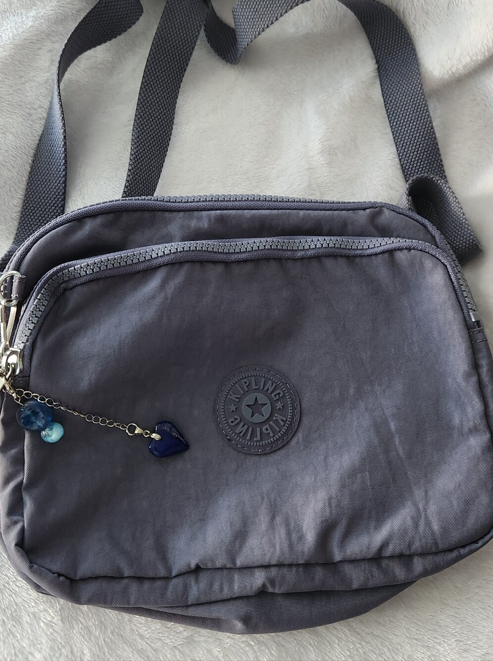 Kipling Messenger Bag in Charcoal Gray with Navy Charm